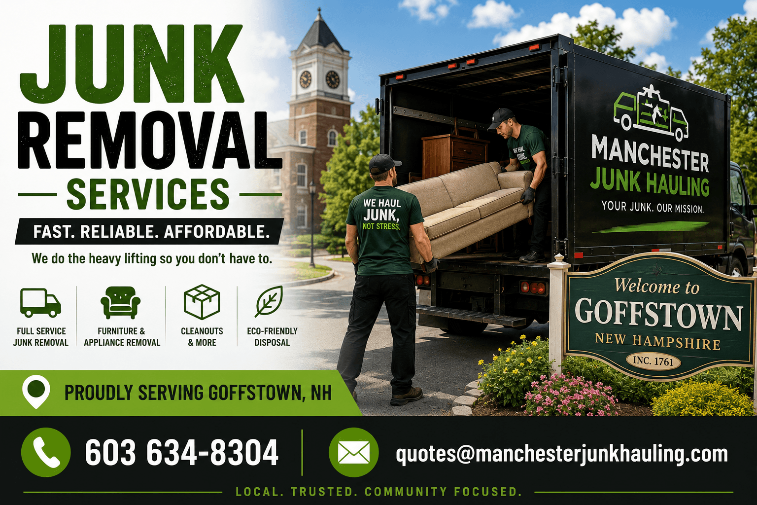 Manchester Junk Hauling – Junk Removal Services in Goffstown, NH. Fast, reliable, affordable. Call 603-634-8304 or email quotes@manchesterjunkhauling.com