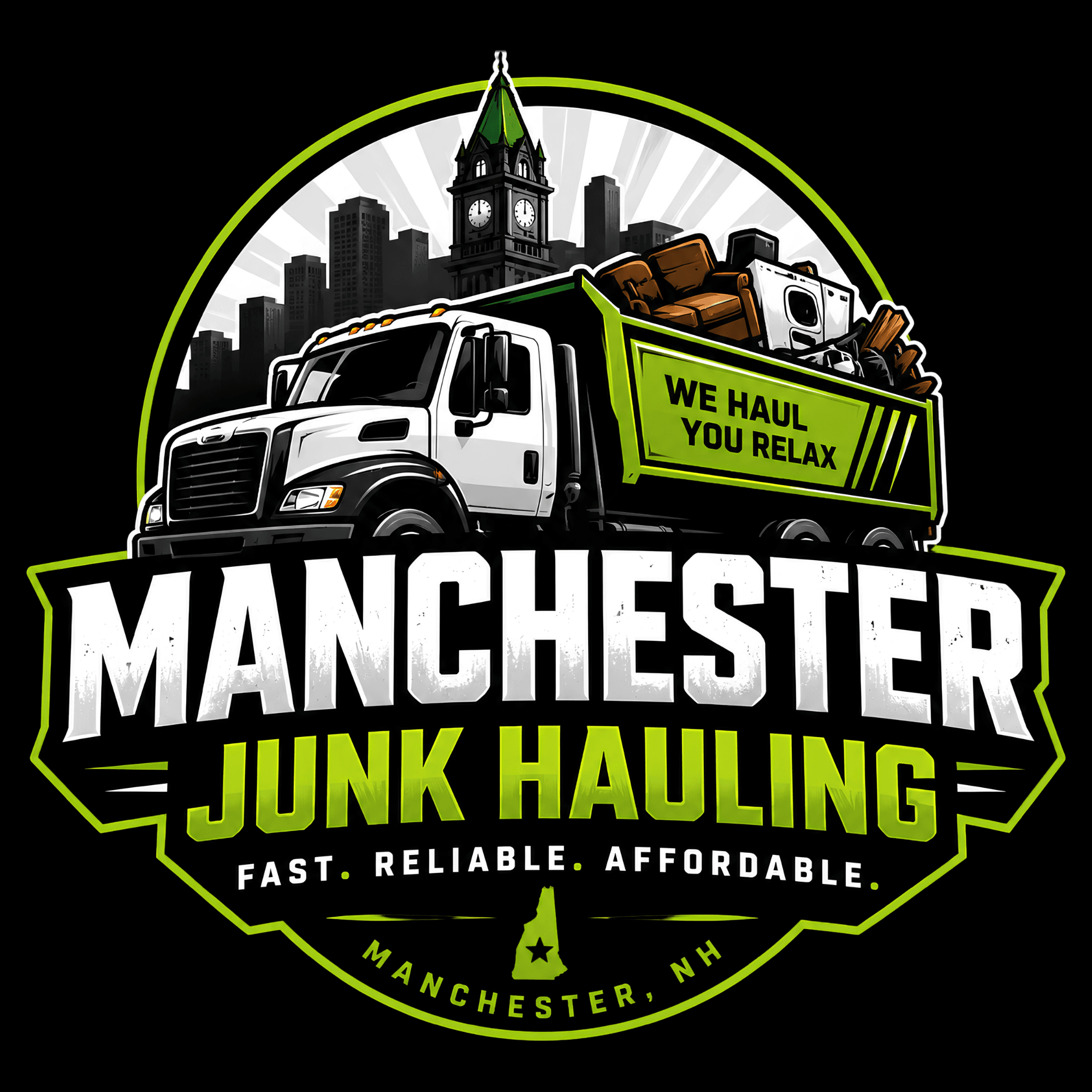 Manchester Junk Hauling logo — Fast. Reliable. Affordable. Junk removal service in Manchester, NH. We Haul You Relax